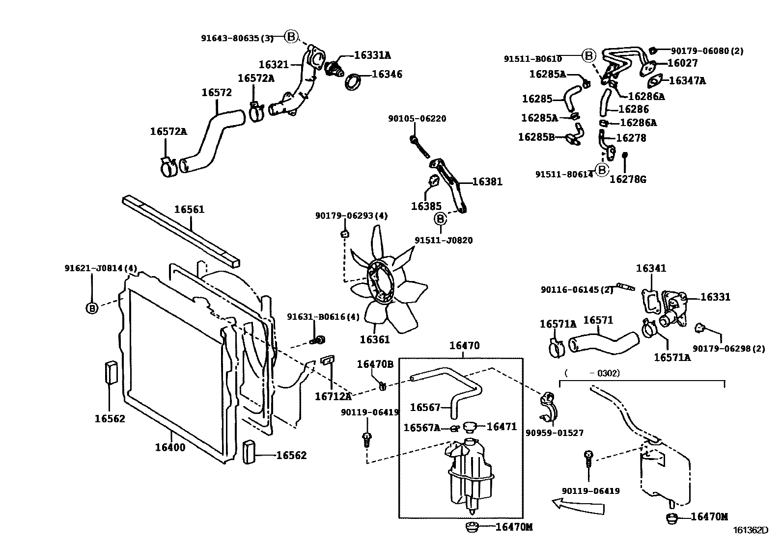 Toyota HILUX RADIATOR & WATER OUTLET EPC diagram — 161362D