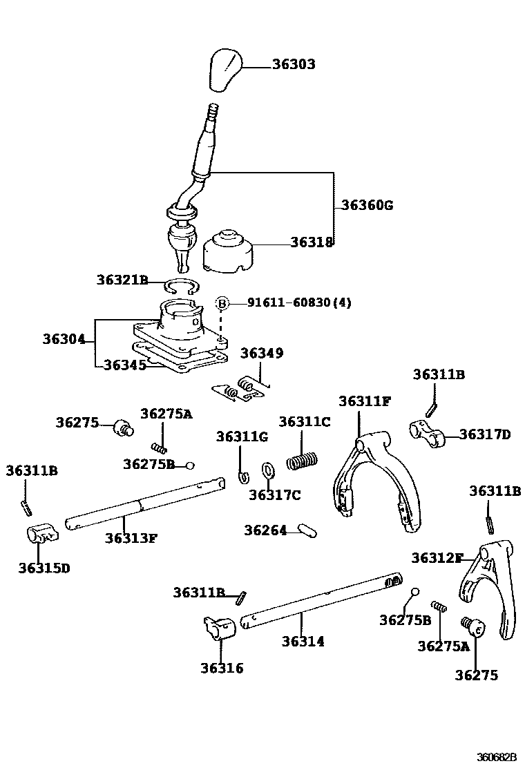 Toyota HILUX Transfer Lever & Shift Fork Shaft EPC diagram — 360682B