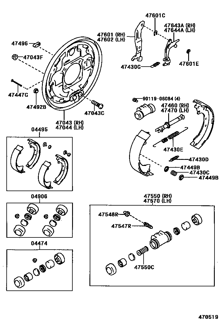 Toyota HILUX 后鼓式制动器分泵和底板 EPC diagram — 470519