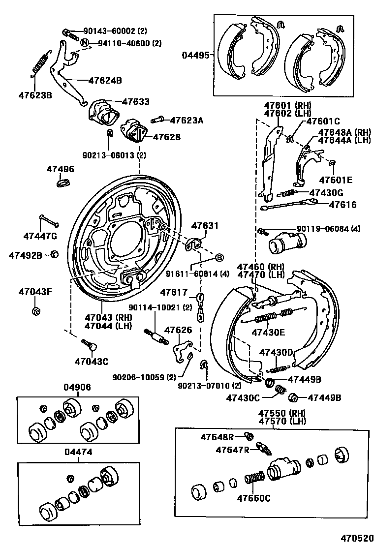 Toyota HILUX 后鼓式制动器分泵和底板 EPC diagram — 470520