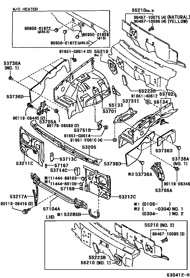 Toyota HILUX 前翼子板挡泥板和前围板 EPC diagram — 530412H