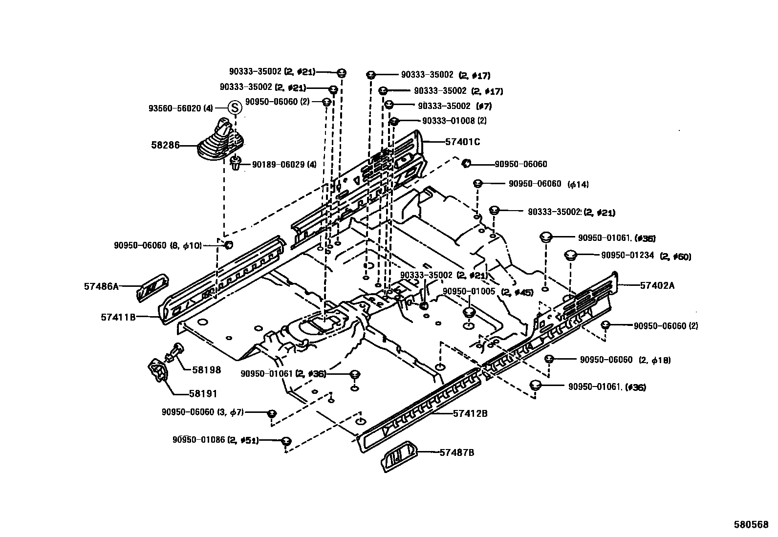 Toyota HILUX 前地板和前地板梁 EPC diagram — 580568