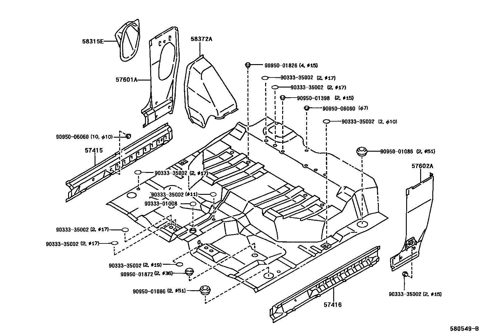 Toyota HILUX 后地板和后地板梁 EPC diagram — 580549B