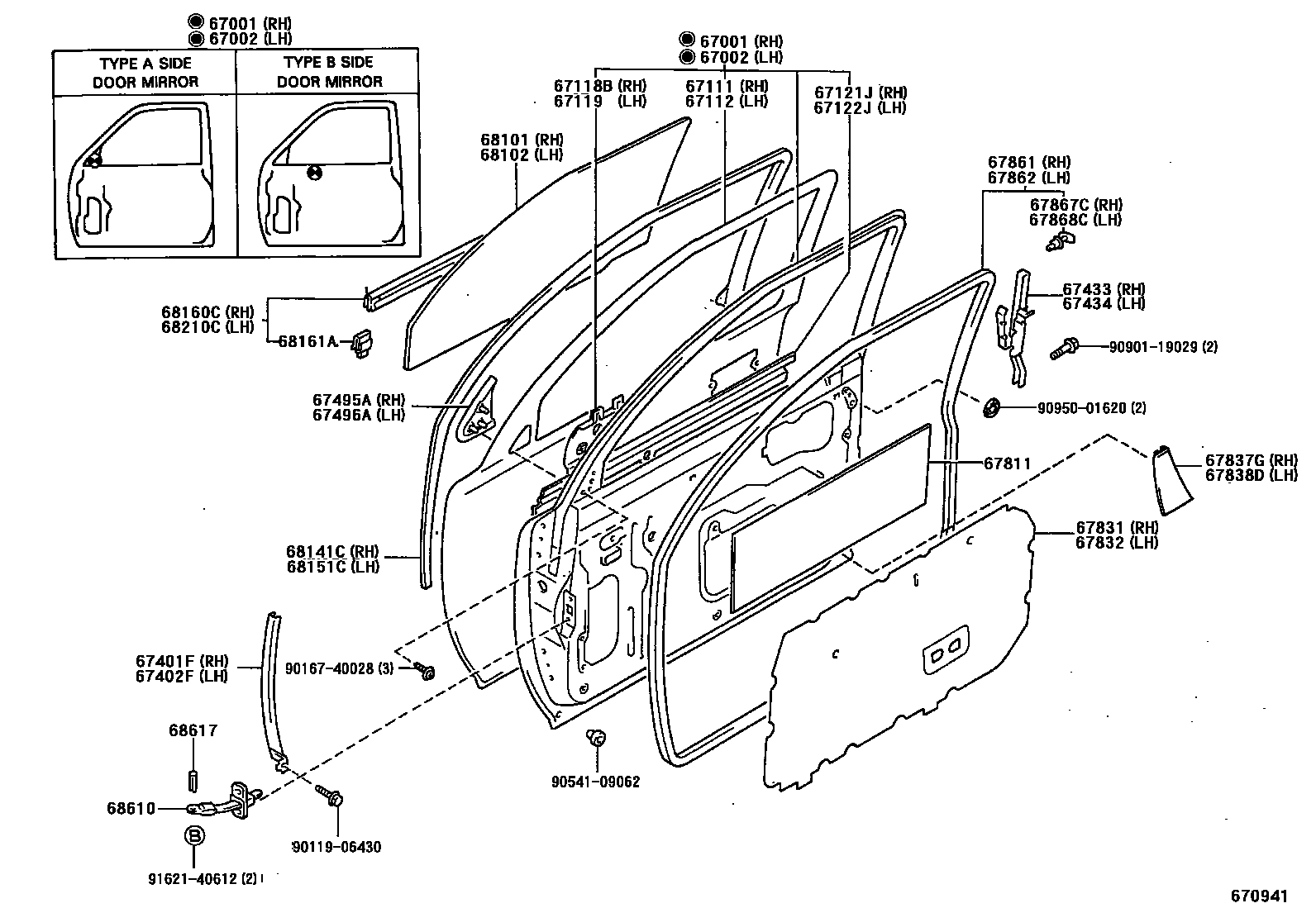 Toyota HILUX 前门板和前门玻璃 EPC diagram — 670941