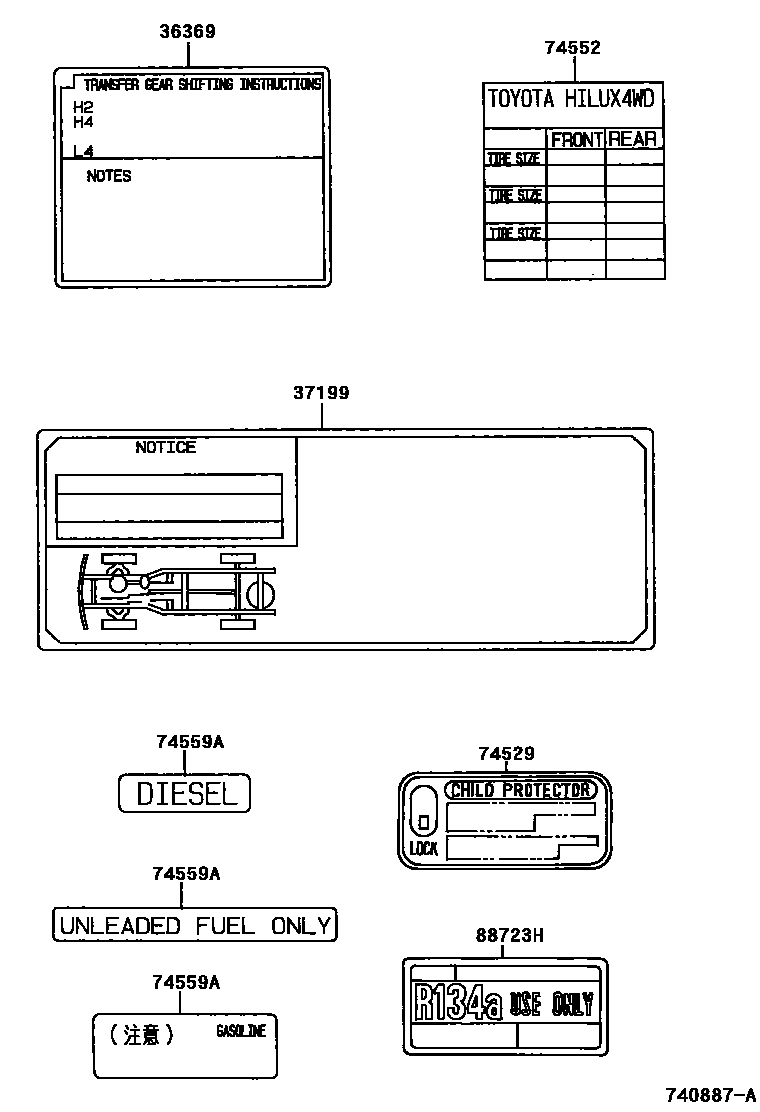 Toyota HILUX warning nameplate EPC diagram — 740887A