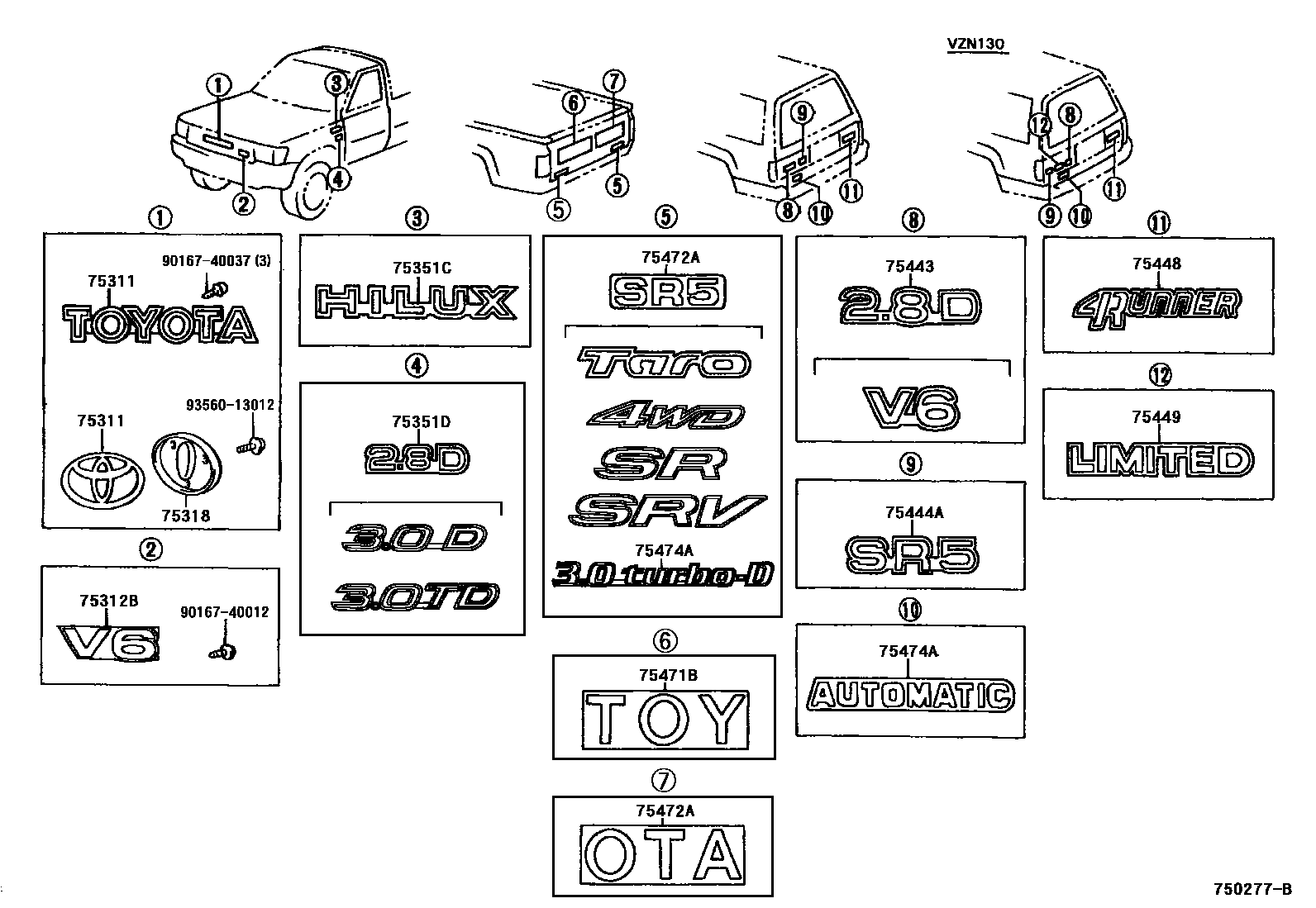 Toyota HILUX 徽标和铭牌 EPC diagram — 750277B