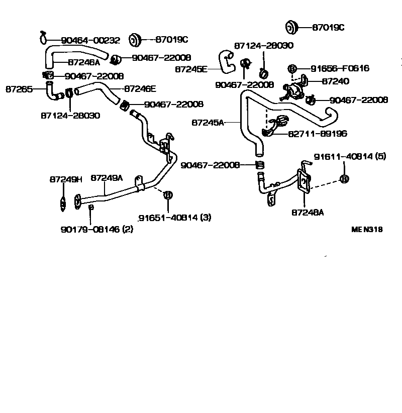 Toyota HILUX 暖风和空调系统 - 水管 EPC diagram — MEN318
