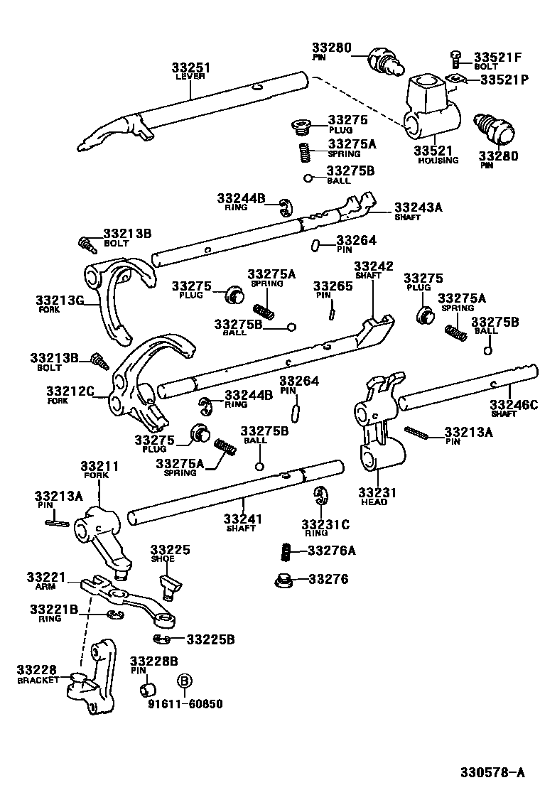 Toyota HILUX 换档拨叉和换档杆轴(MTM) EPC diagram — 330578A