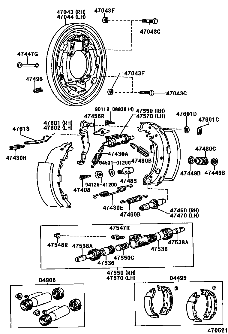 Toyota HILUX 后鼓式制动器分泵和底板 EPC diagram — 470521