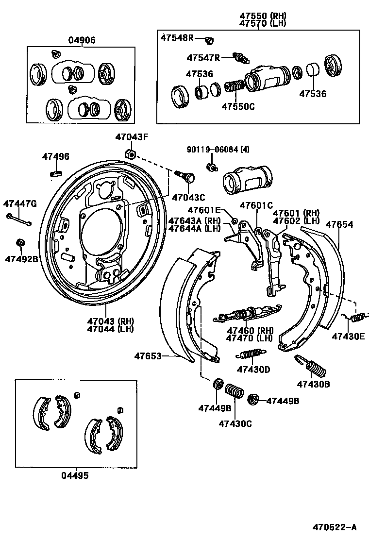 Toyota HILUX 后鼓式制动器分泵和底板 EPC diagram — 470522A