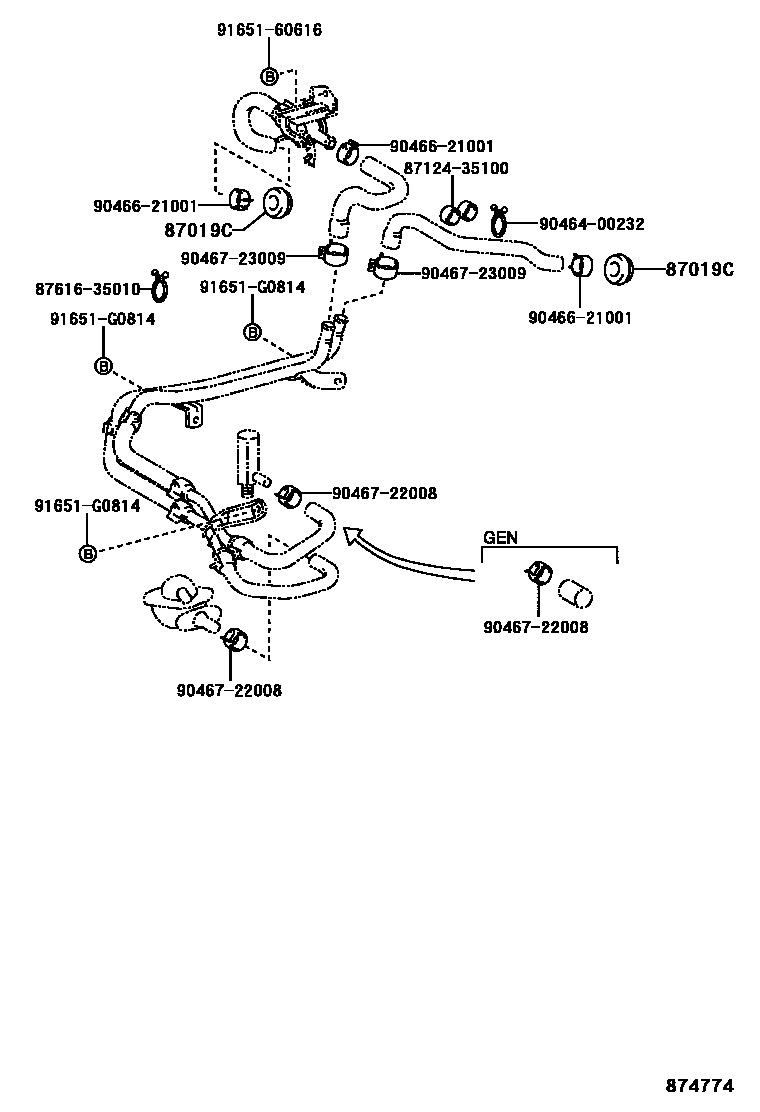 Toyota HILUX 暖风和空调系统 - 水管 EPC diagram — 874774