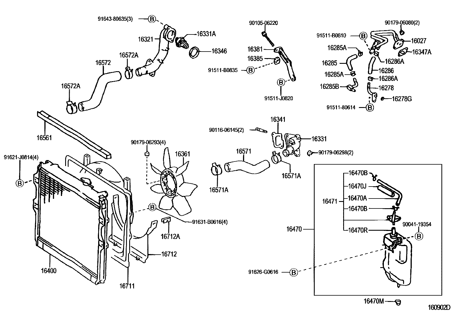 Toyota HILUX RADIATOR & WATER OUTLET EPC diagram — 160902D
