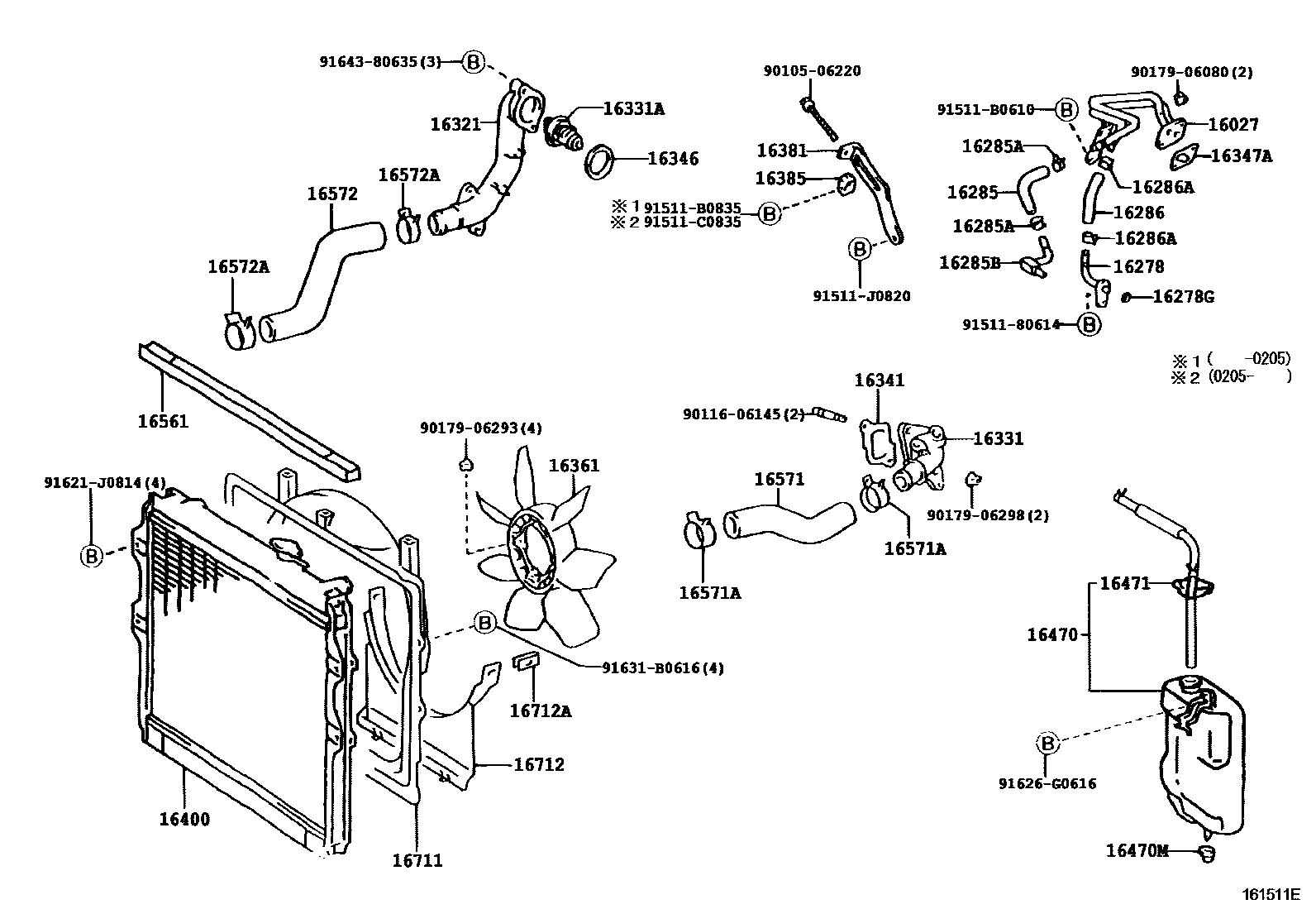 Toyota HILUX RADIATOR & WATER OUTLET EPC diagram — 161511E