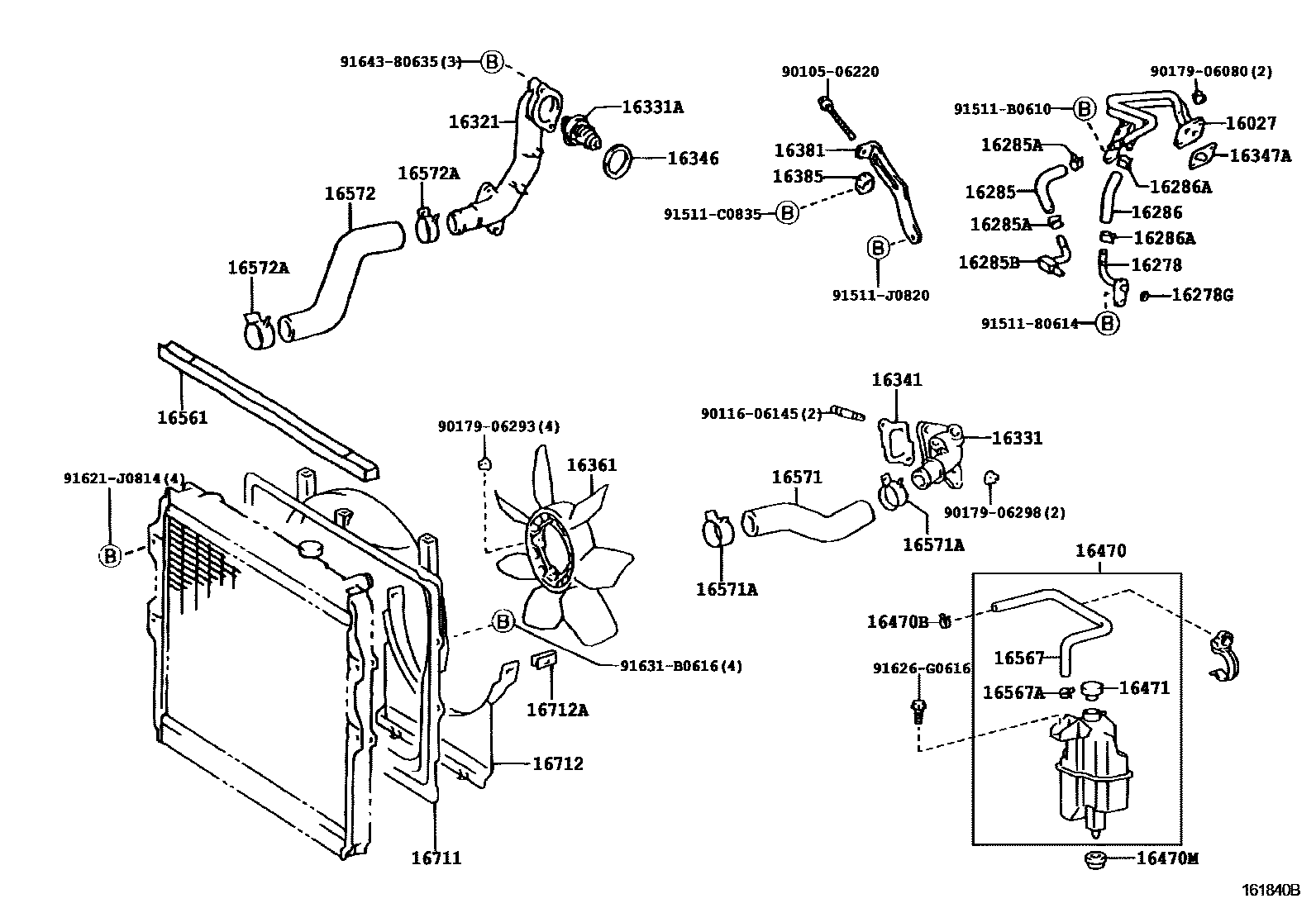 Toyota HILUX RADIATOR & WATER OUTLET EPC diagram — 161840B