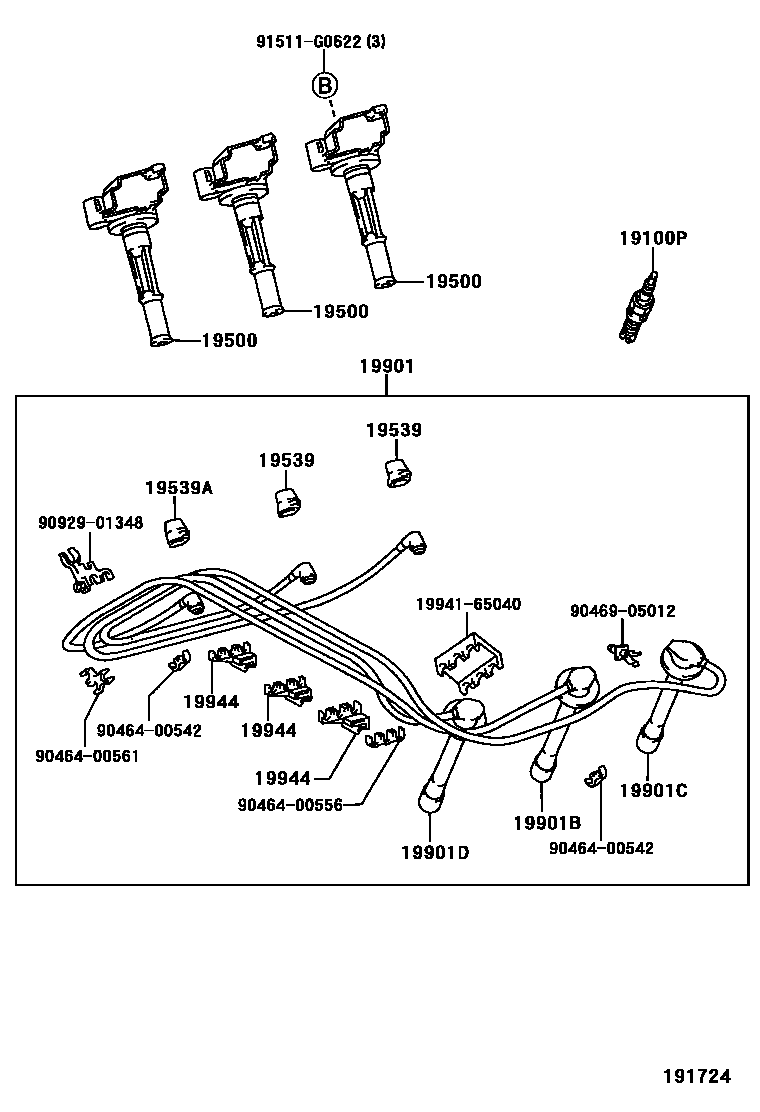 Toyota HILUX 点火线圈和火花塞 /电热塞 EPC diagram — 191724