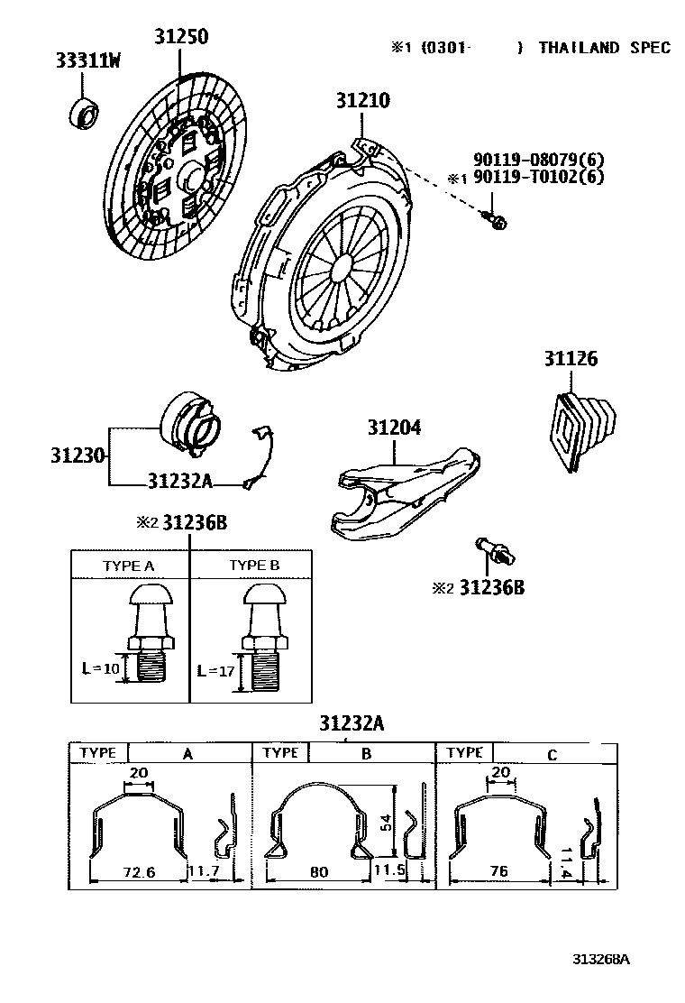 Toyota HILUX 离合器和分离叉 EPC diagram — 313268A
