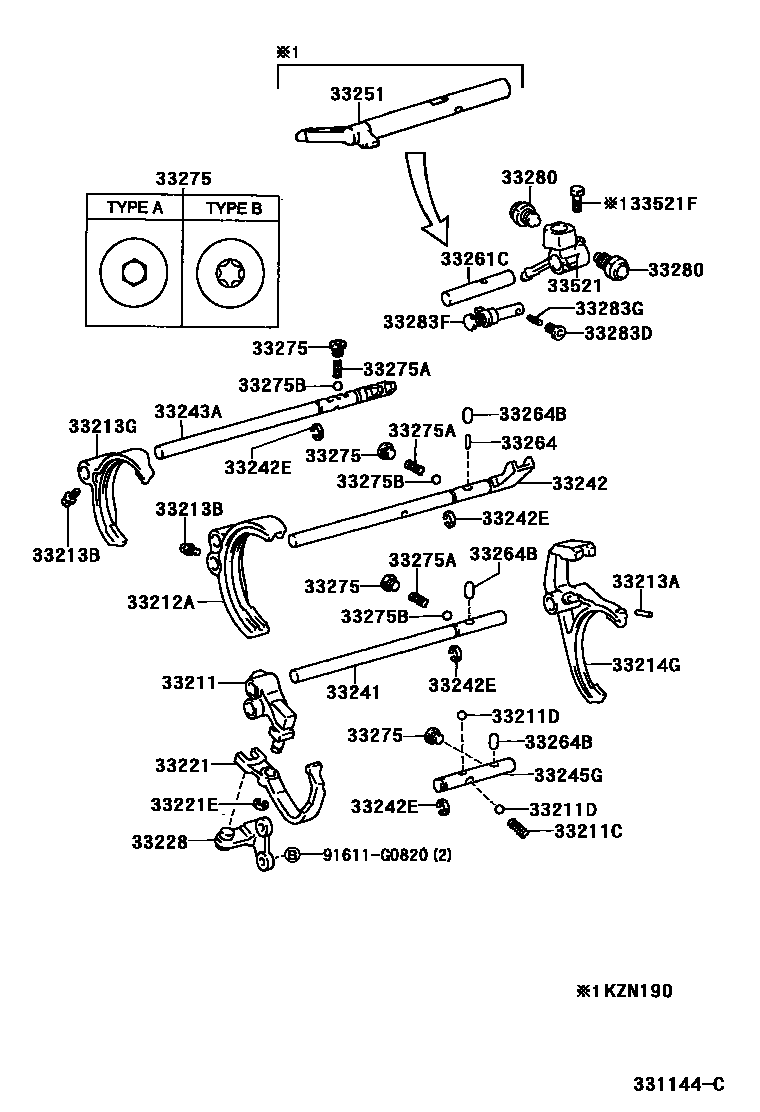 Toyota HILUX 换档拨叉和换档杆轴(MTM) EPC diagram — 331144C
