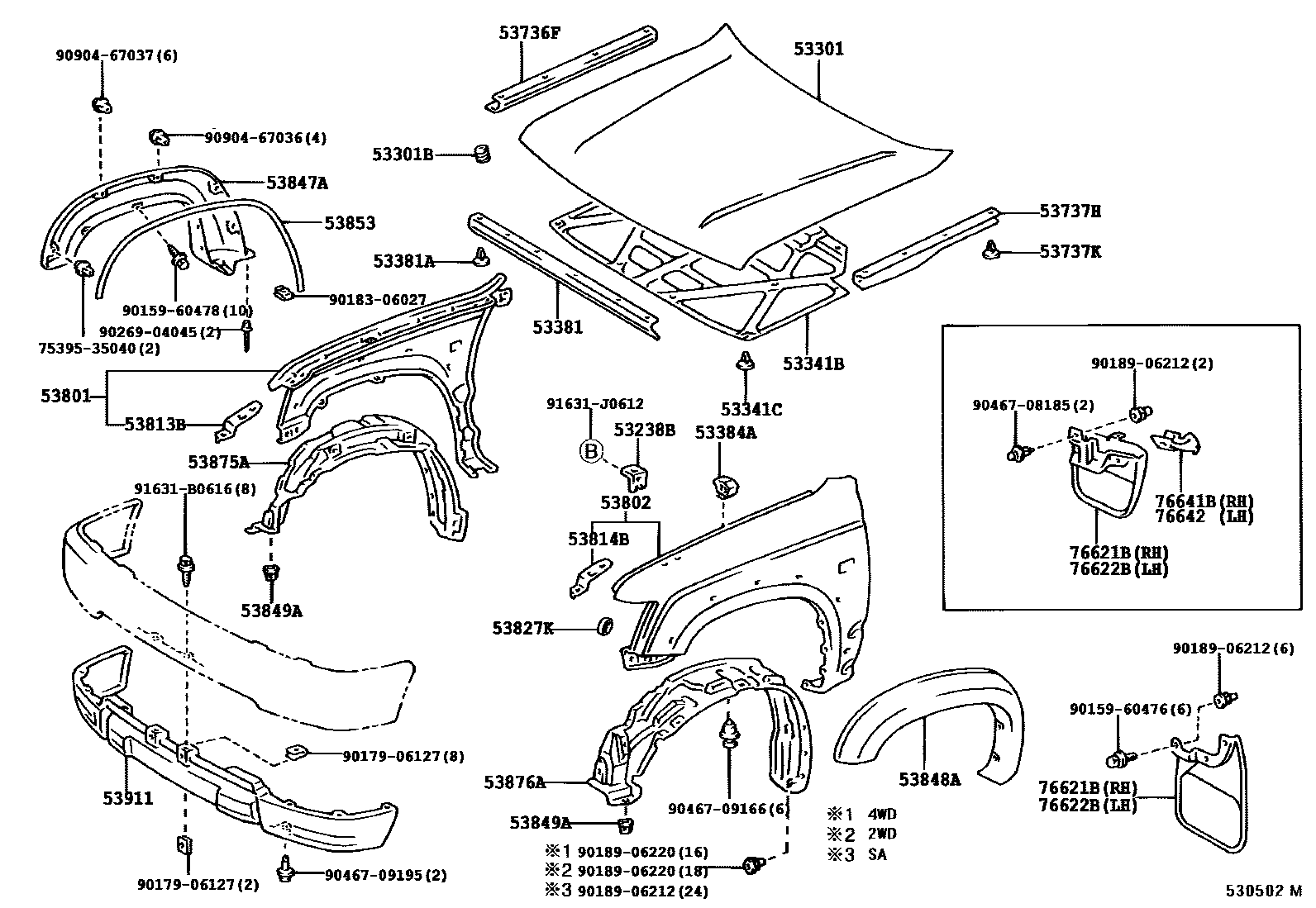 Toyota HILUX 发动机盖和前翼子板 EPC diagram — 530502M