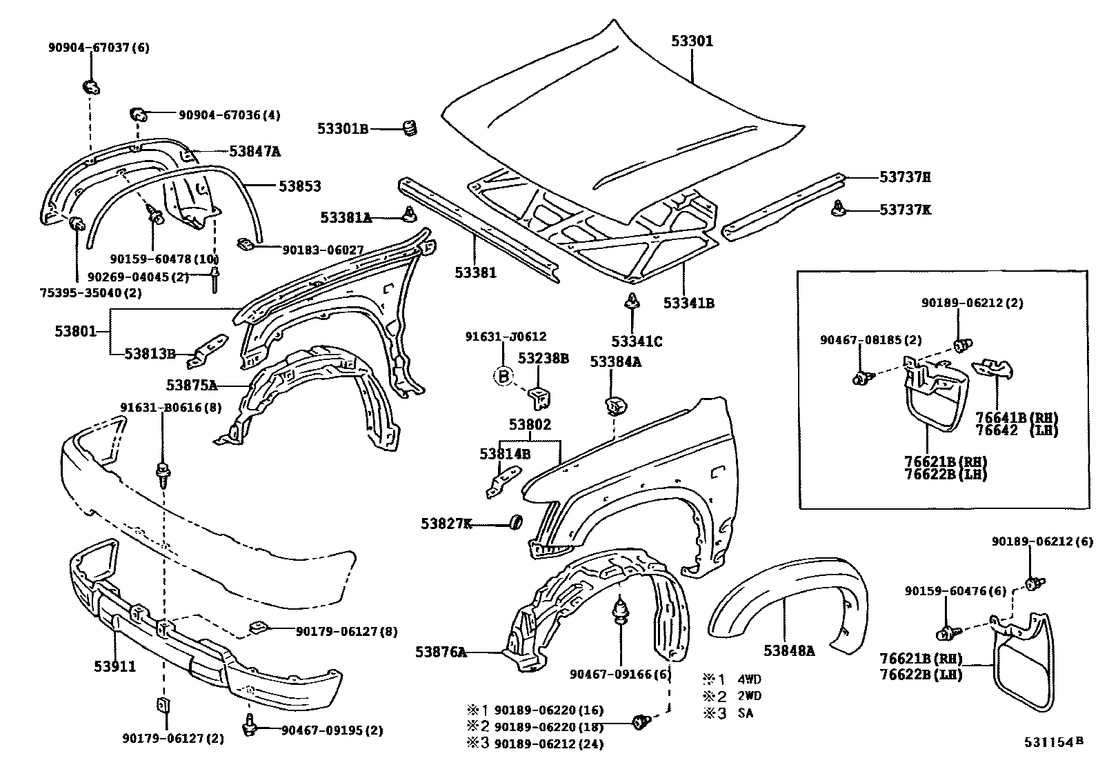 Toyota HILUX 发动机盖和前翼子板 EPC diagram — 531154B