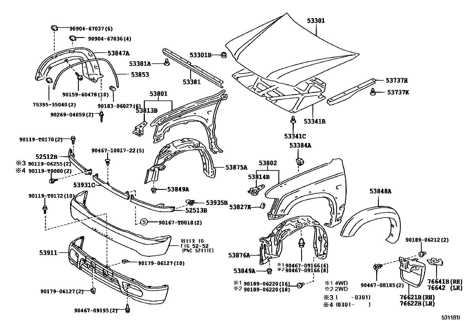 Toyota HILUX 发动机盖和前翼子板 EPC diagram — 531181I