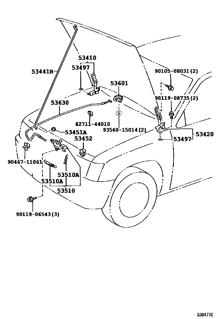 Toyota HILUX 发动机盖锁和铰链 EPC diagram — 530477C