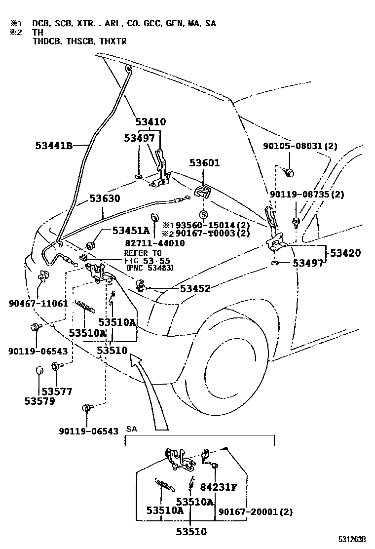 Toyota HILUX 发动机盖锁和铰链 EPC diagram — 531263B