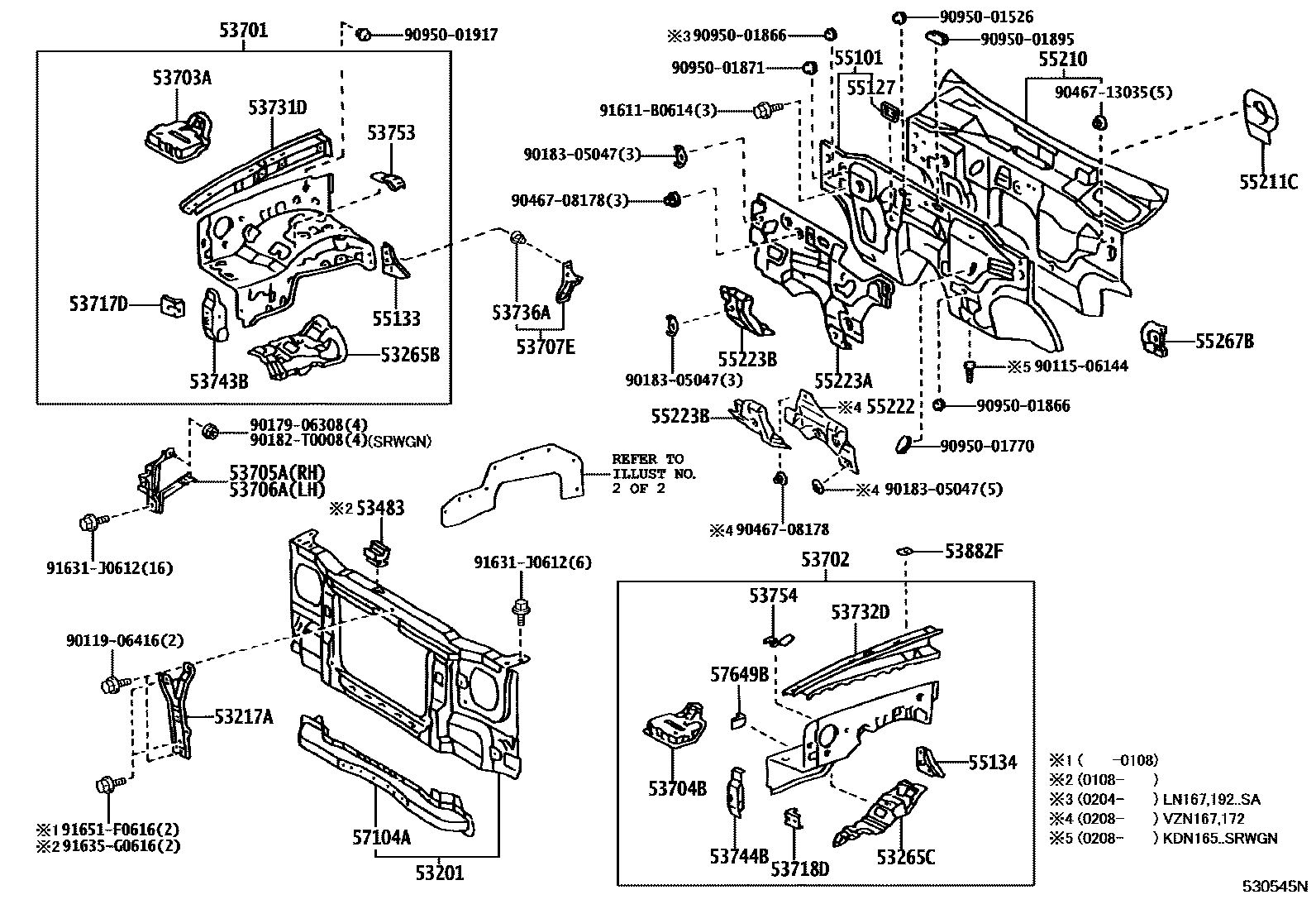 Toyota HILUX 前翼子板挡泥板和前围板 EPC diagram — 530545N