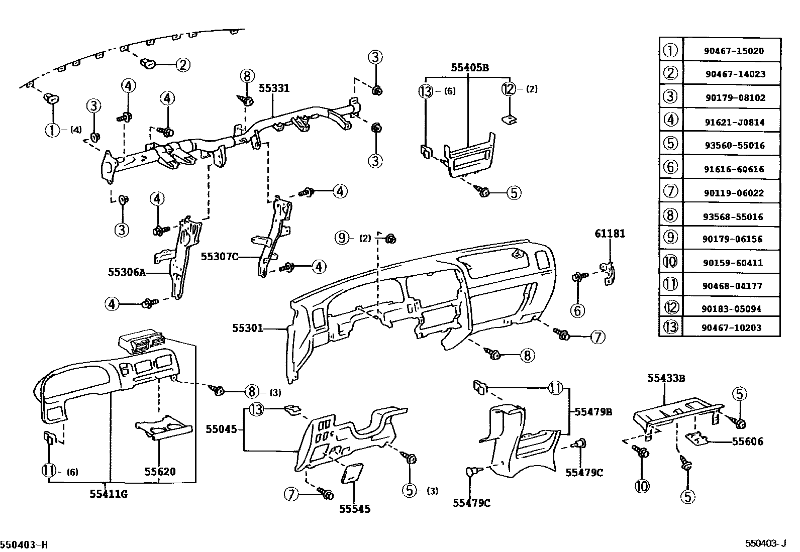 Toyota HILUX 仪表板和手套箱 EPC diagram — 550403J