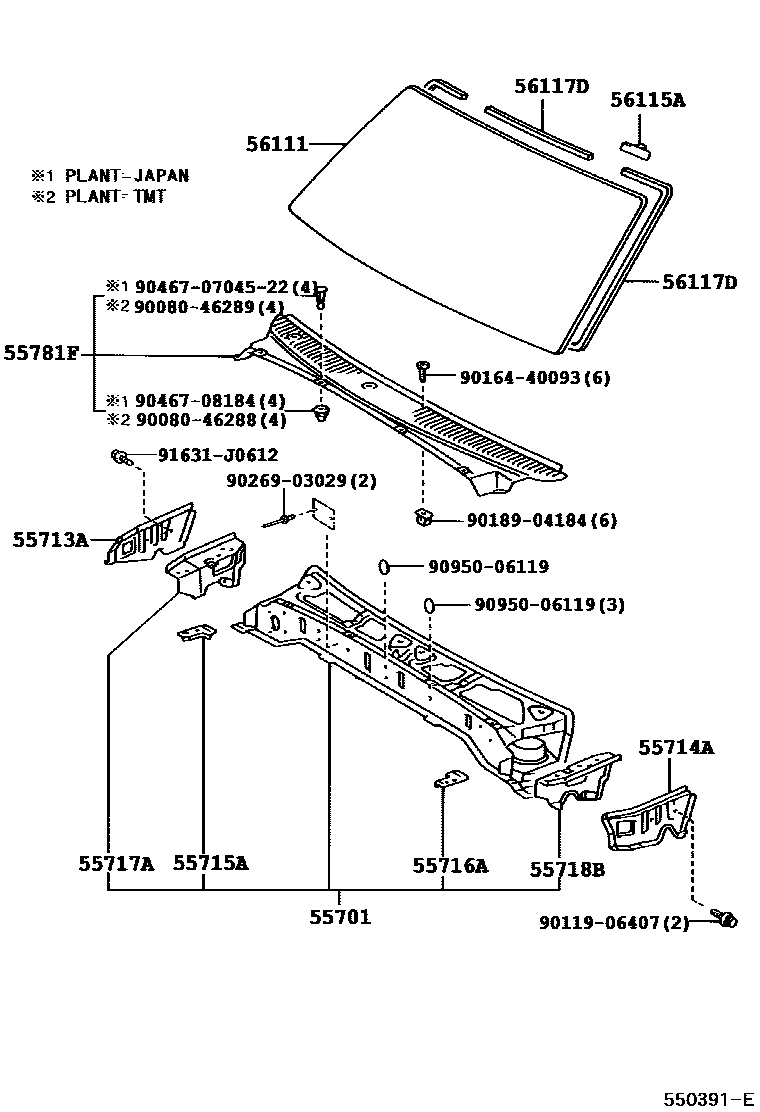 Toyota HILUX 前围板和挡风玻璃 EPC diagram — 550391E