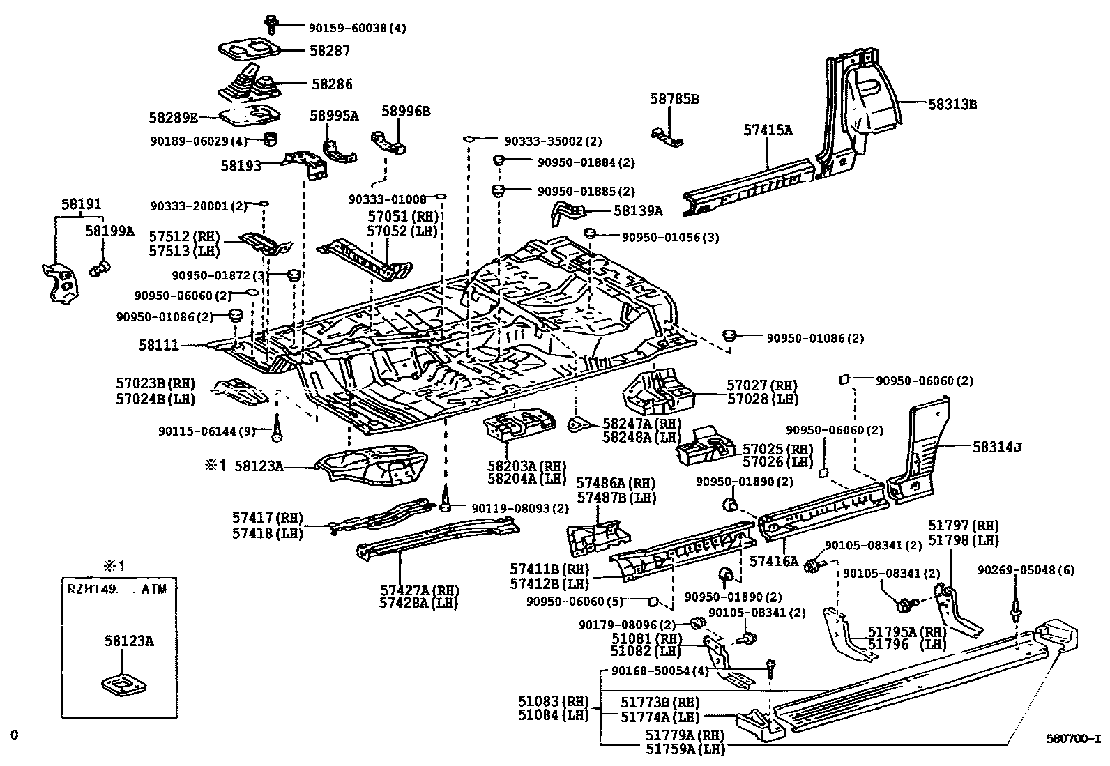 Toyota HILUX 前地板和前地板梁 EPC diagram — 580700I