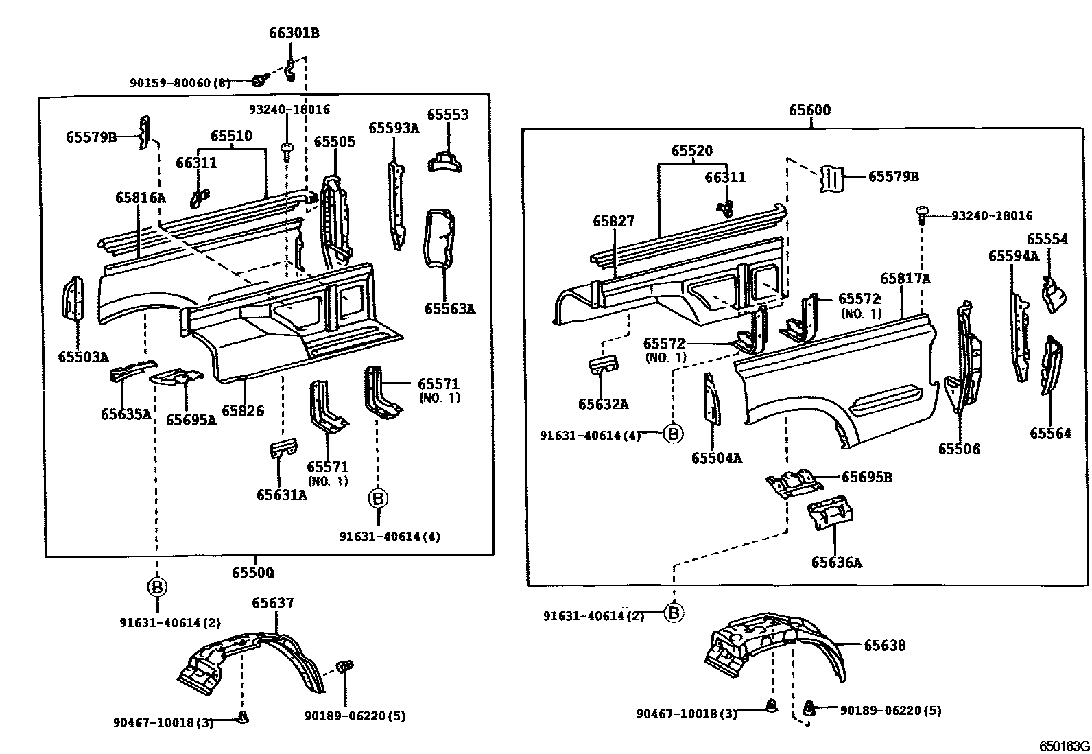 Toyota HILUX 后车身侧面板 EPC diagram — 650163G