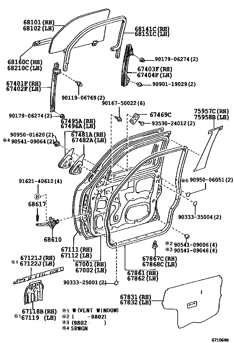 Toyota HILUX 前门板和前门玻璃 EPC diagram — 671064H