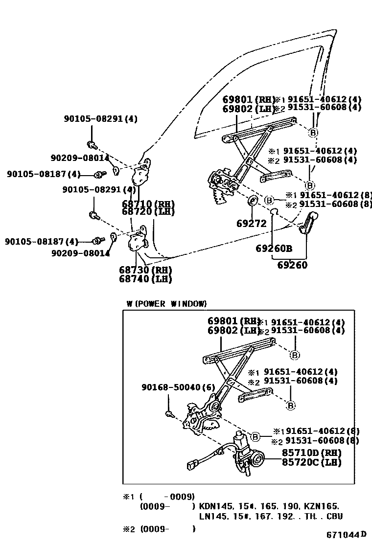 Toyota HILUX 前门车窗升降器和合页 EPC diagram — 671044D