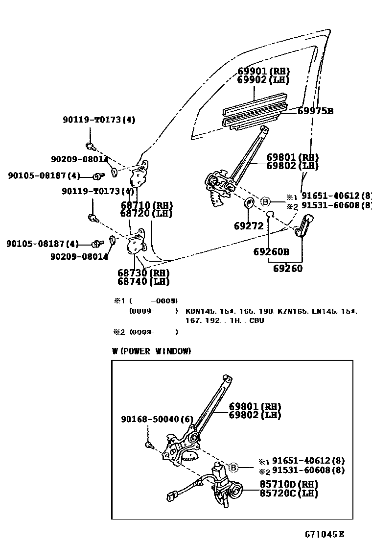Toyota HILUX 前门车窗升降器和合页 EPC diagram — 671045E