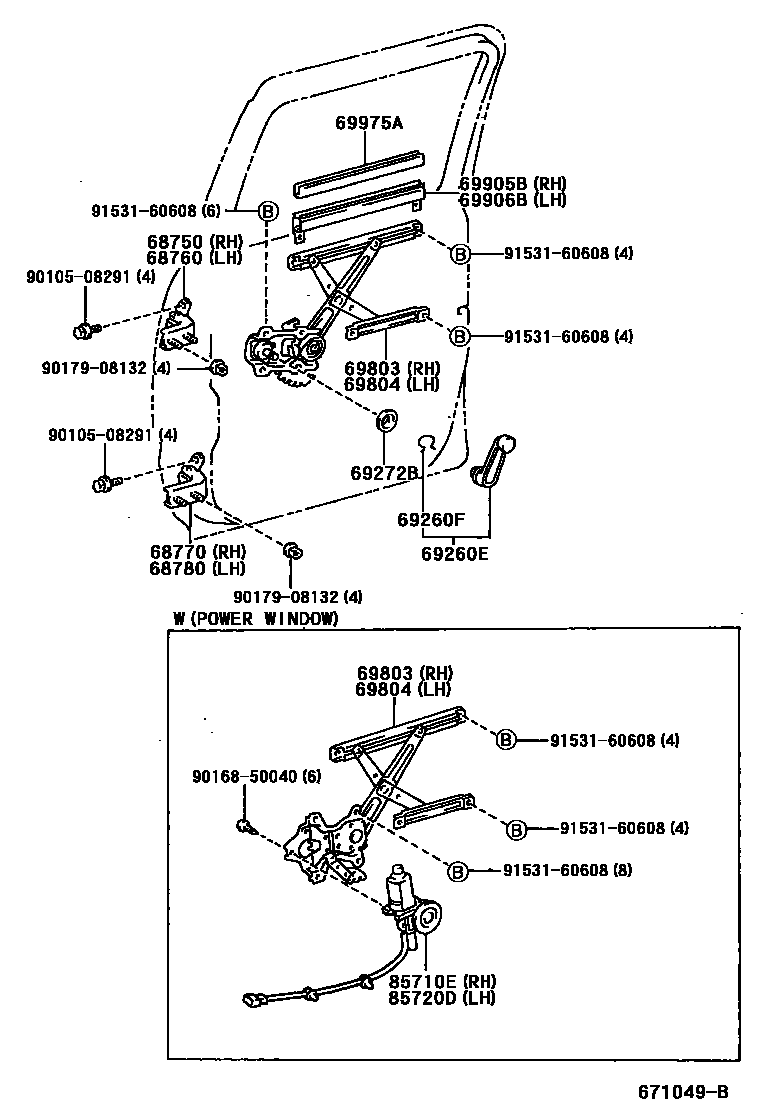 Toyota HILUX 后门车窗升降器和合页 EPC diagram — 671049B
