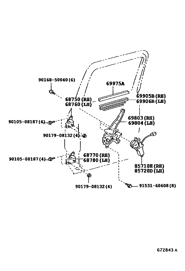 Toyota HILUX 后门车窗升降器和合页 EPC diagram — 672843A