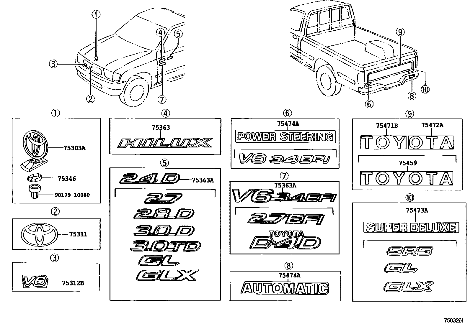 Toyota HILUX 徽标和铭牌 EPC diagram — 750326I