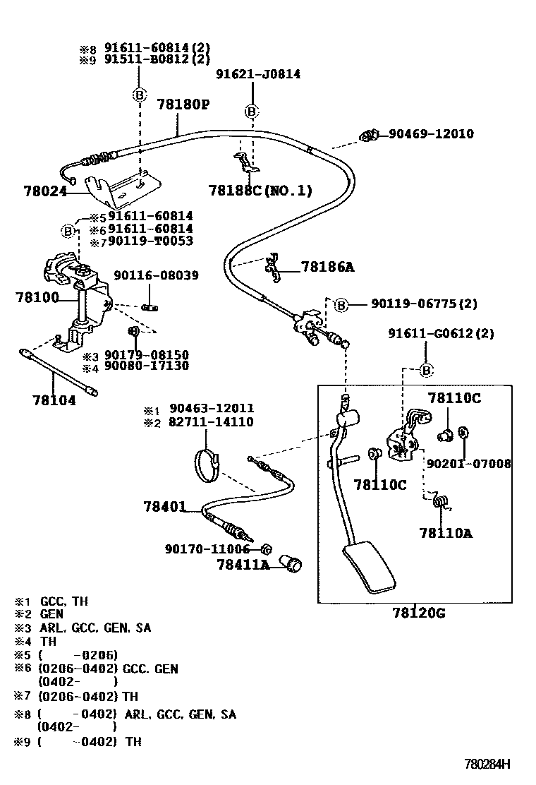 Toyota HILUX accelerator pedal connecting rod EPC diagram — 780284H