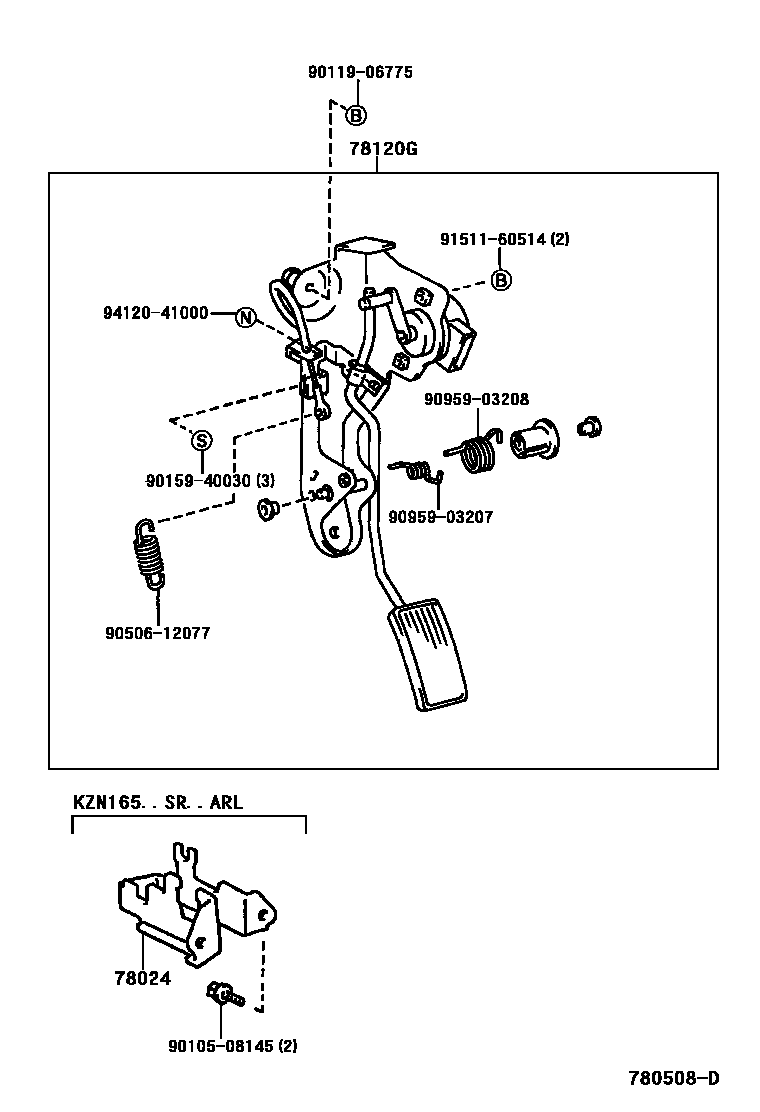 Toyota HILUX accelerator pedal connecting rod EPC diagram — 780508D