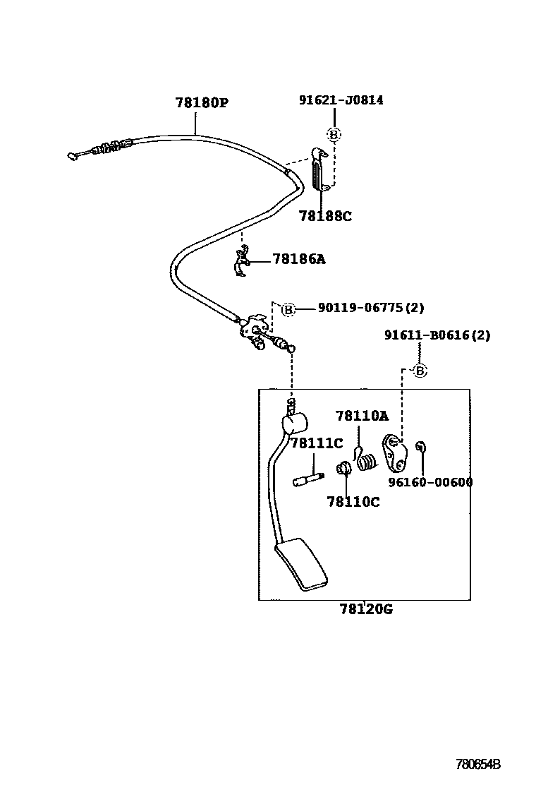 Toyota HILUX accelerator pedal connecting rod EPC diagram — 780654B