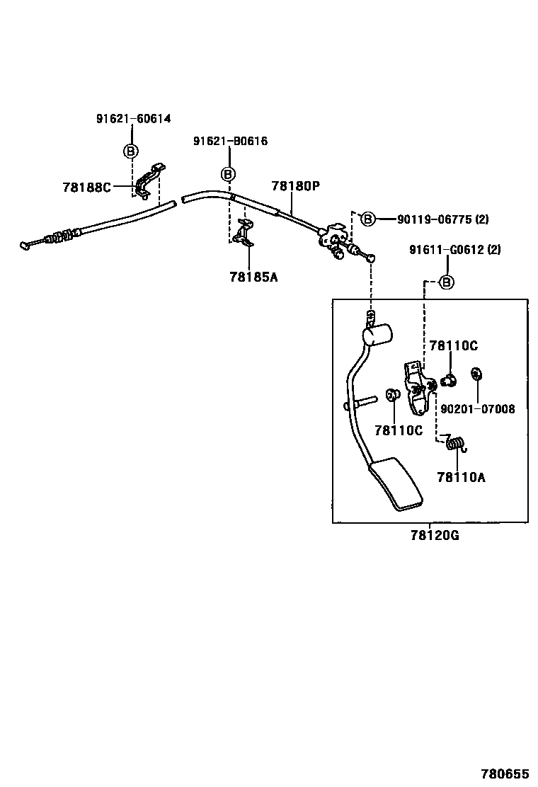 Toyota HILUX accelerator pedal connecting rod EPC diagram — 780655