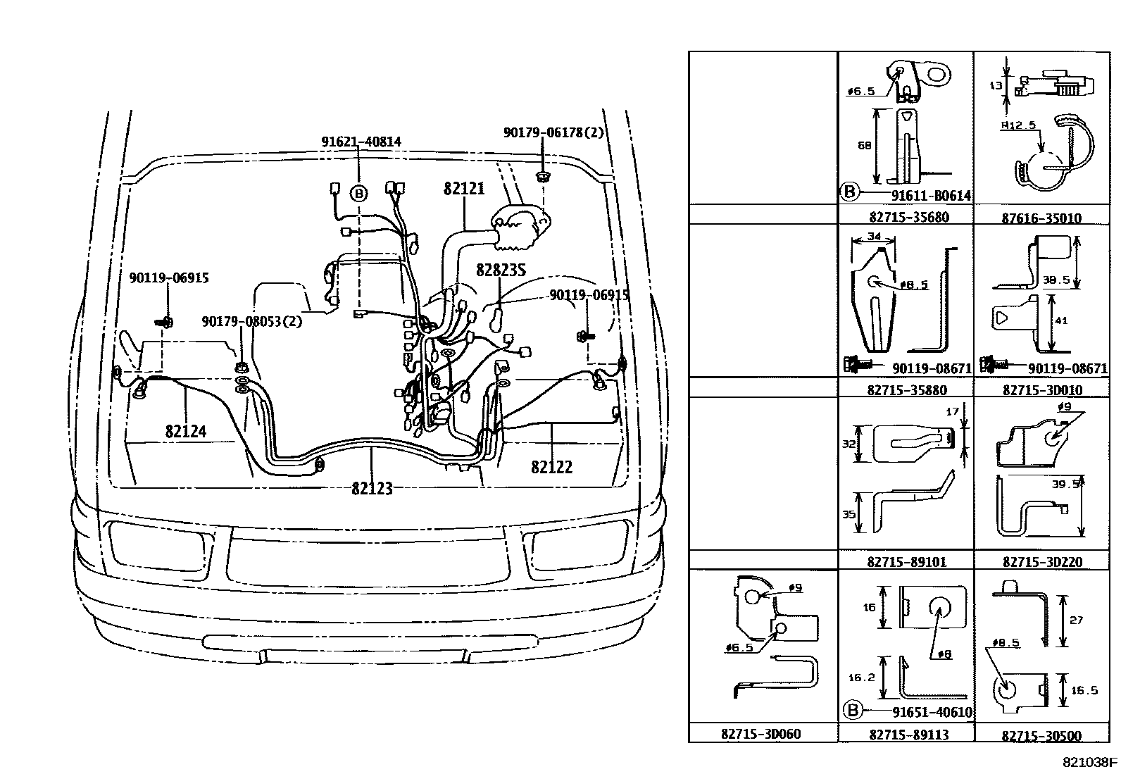 Toyota HILUX 线束和卡夹 EPC diagram — 821038F