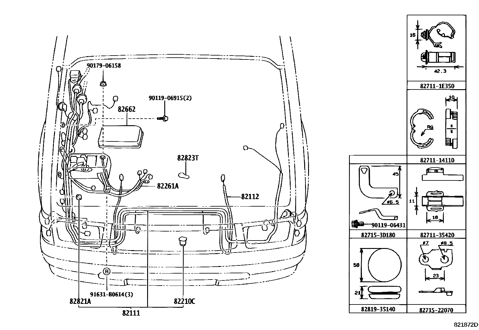 Toyota HILUX 线束和卡夹 EPC diagram — 821872D