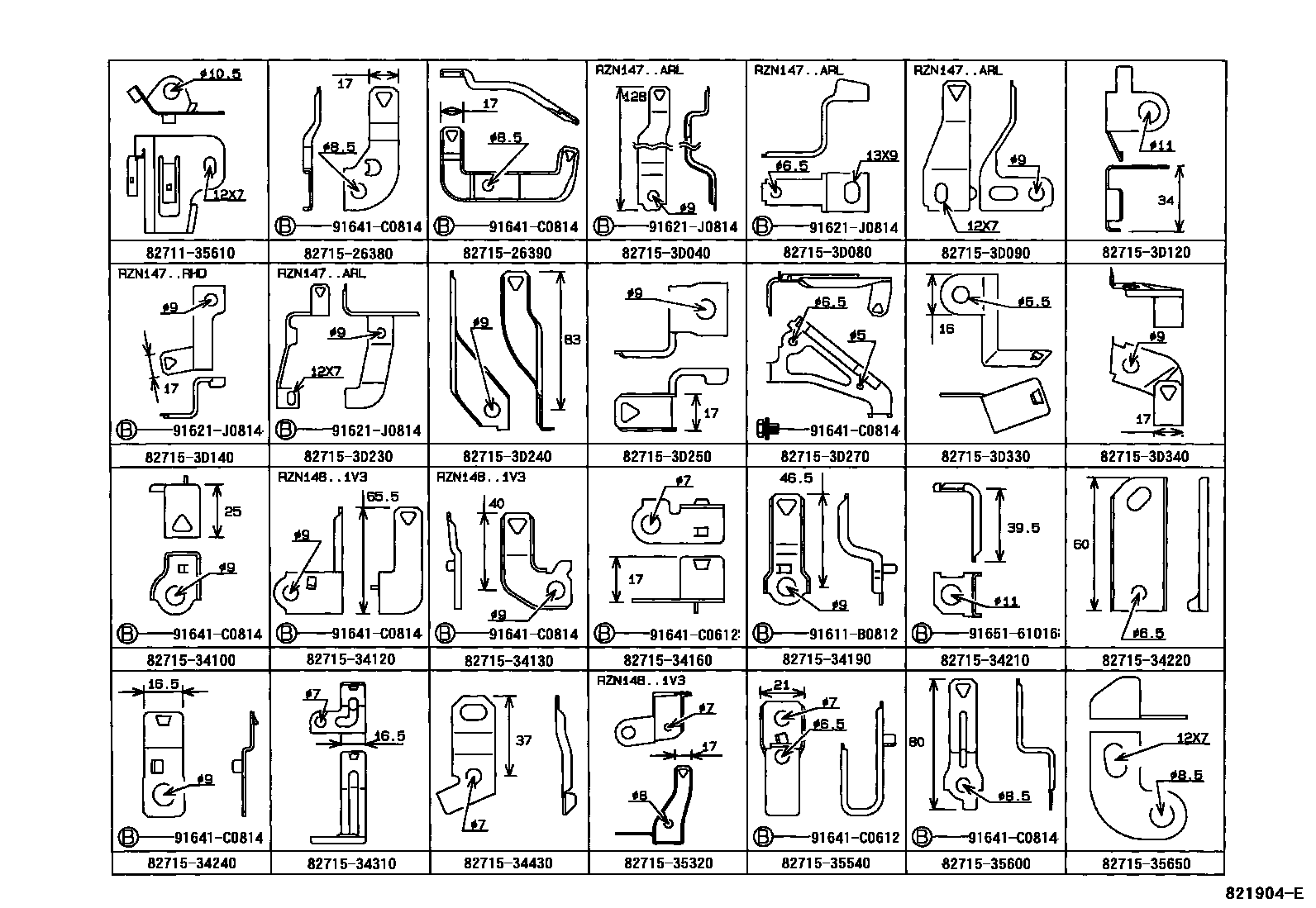 Toyota HILUX 线束和卡夹 EPC diagram — 821904E
