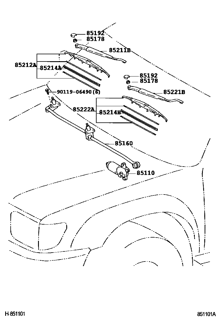 Toyota HILUX 挡风玻璃刮水器 EPC diagram — 851101A