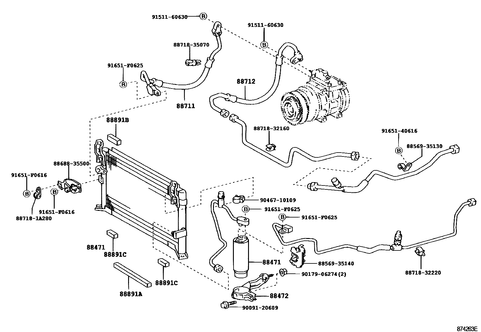 Toyota HILUX Heating & Air Conditioning - Cooler Piping EPC diagram — 874263E