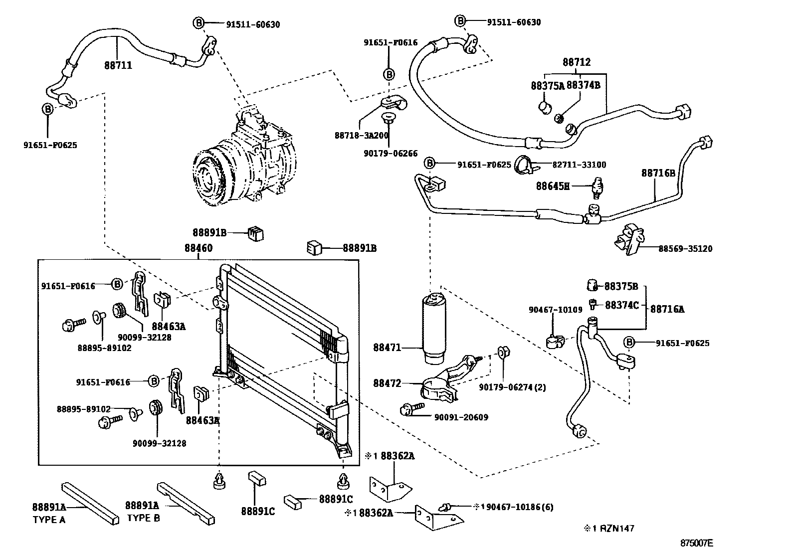 Toyota HILUX Heating & Air Conditioning - Cooler Piping EPC diagram — 875007E