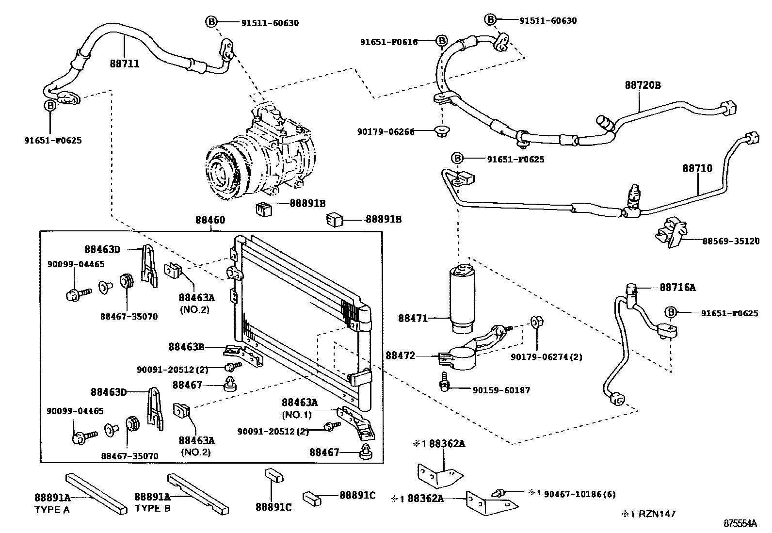 Toyota HILUX Heating & Air Conditioning - Cooler Piping EPC diagram — 875554A