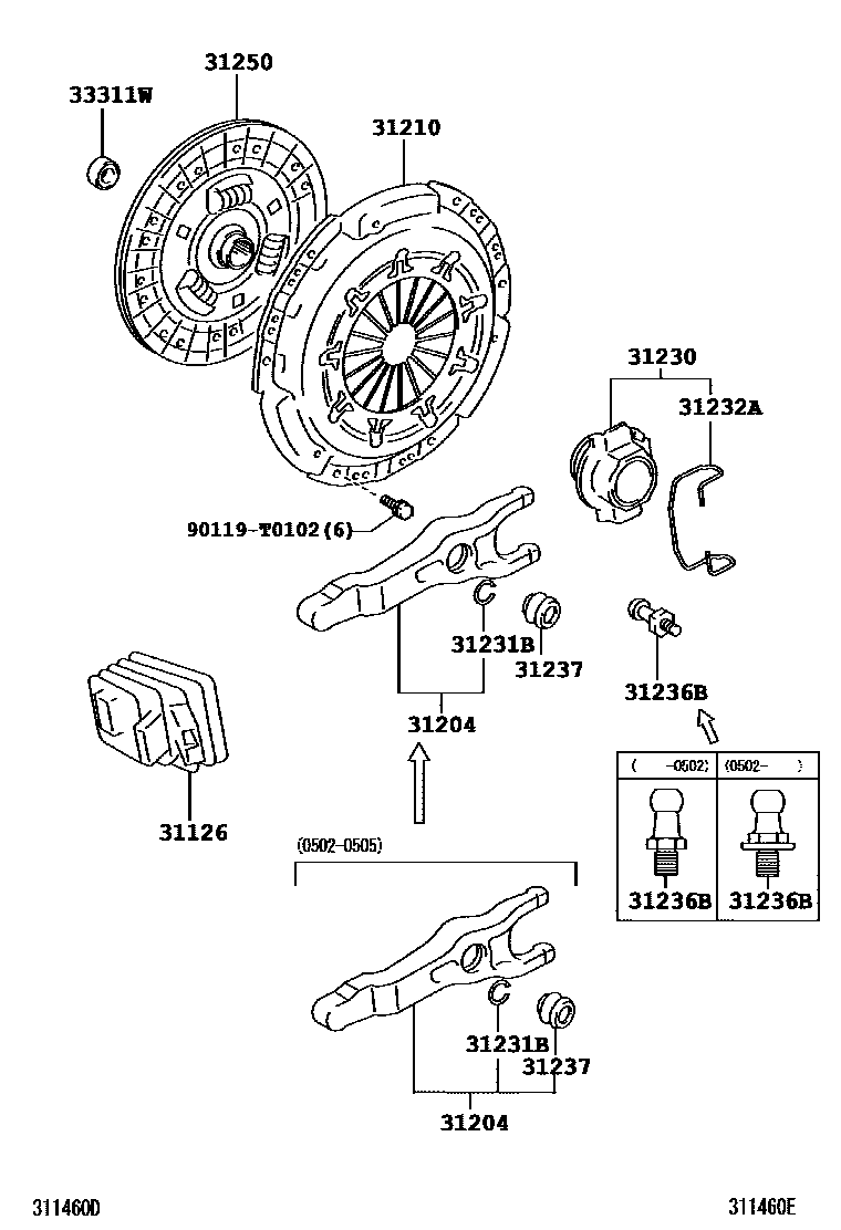 Toyota HILUX 离合器和分离叉 EPC diagram — 311460E