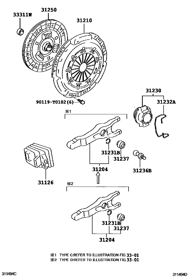 Toyota HILUX 离合器和分离叉 EPC diagram — 311494D